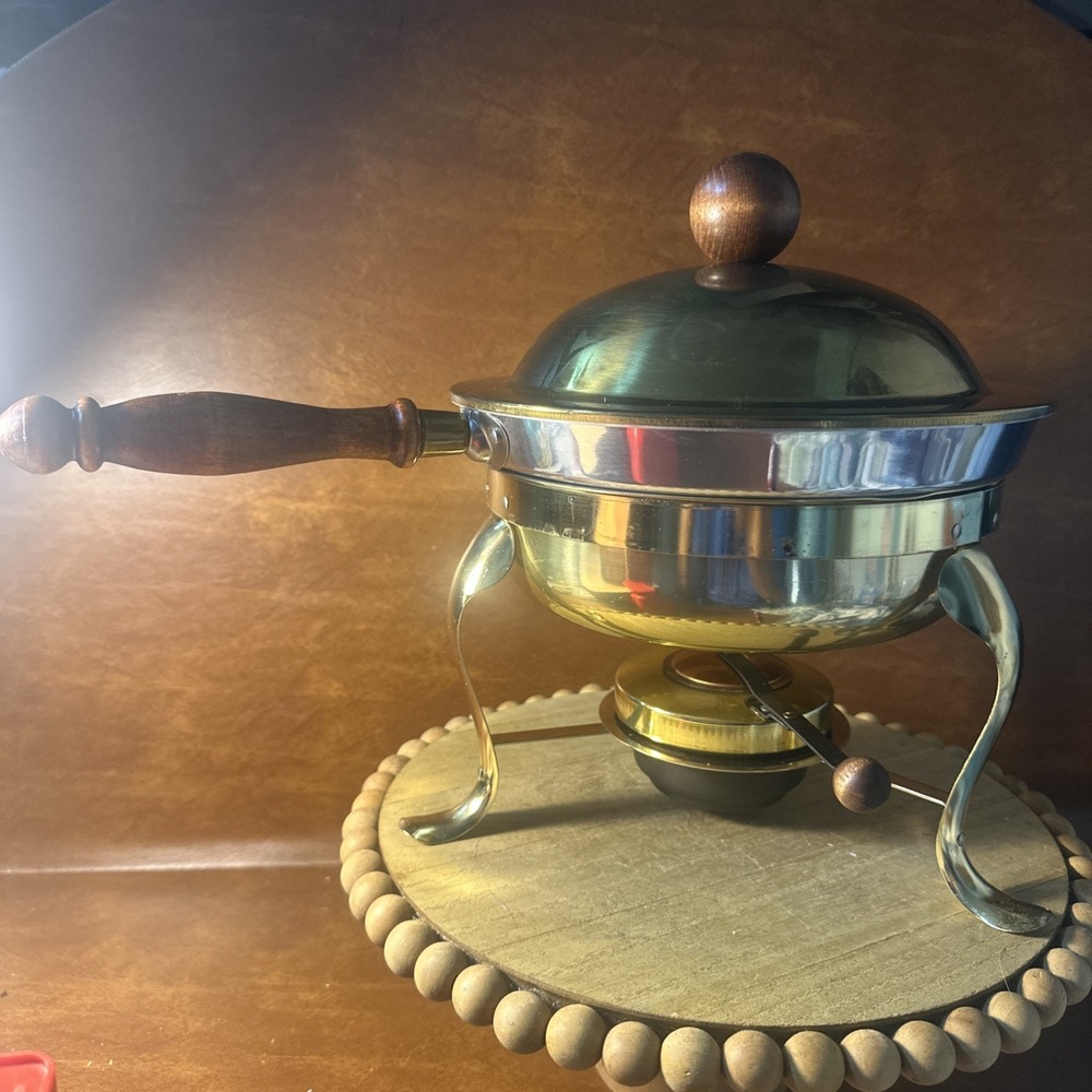 VTG Copper Warming Pot Set Brass Chafing Dish Fondue Set Stand Made USA MCM